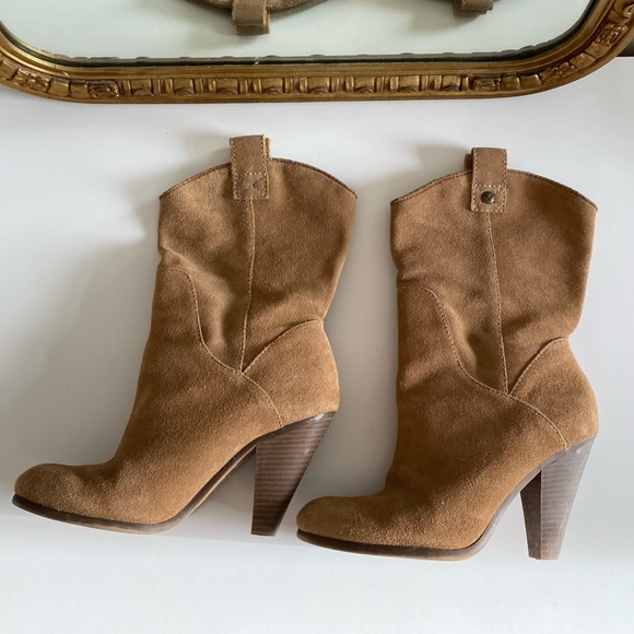 Tan Suede Cowgirl High Heels Boots Size 7 - Picture 12 of 14